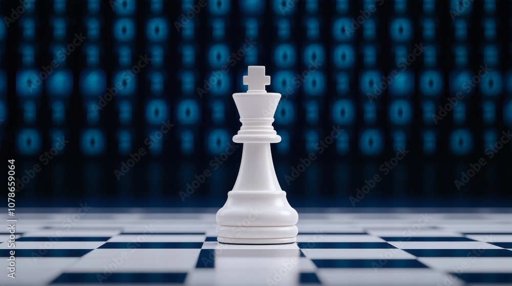 Poster white chess king with blur graphic binary data computer number network on blue dark background with 