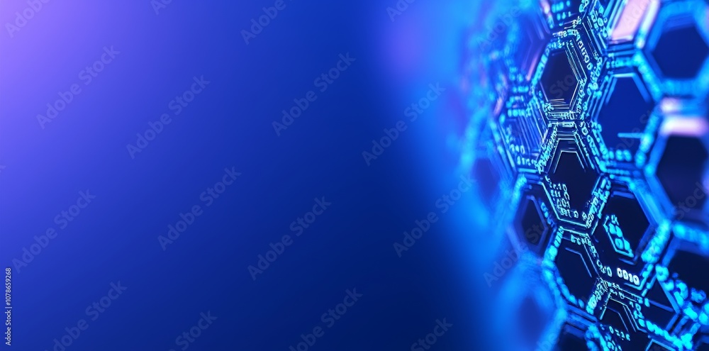 Poster the background of the technology concept shows a blue binary code background with glowing lights and