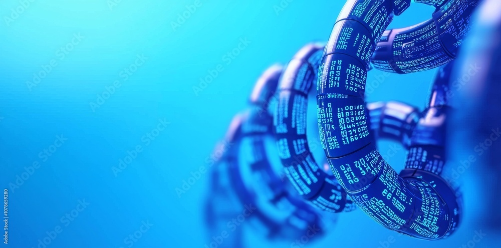 Poster flowing data and glowing lights, blue binary code background