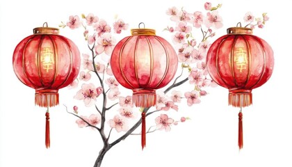Obraz premium Red Chinese lanterns with soft pink cherry blossoms, watercolor style, on a white background,