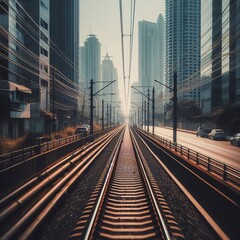 Naklejka premium Train Tracks A close up of train tracks through a car window wit