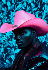 A cool, mysterious dark-skinned cowboy wearing a pink hat, set against a textured teal and dark blue backdrop with flowing blue flowers etched into the image, perfect for fashion, portrait