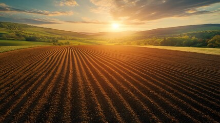 Fototapeta premium Agricultural field bathed in golden sunrise&nbsp;light, featuring plowed furrows and rolling&nbsp;hills in background, with misty atmosphere and sun&nbsp;rays piercing through morning clouds.
