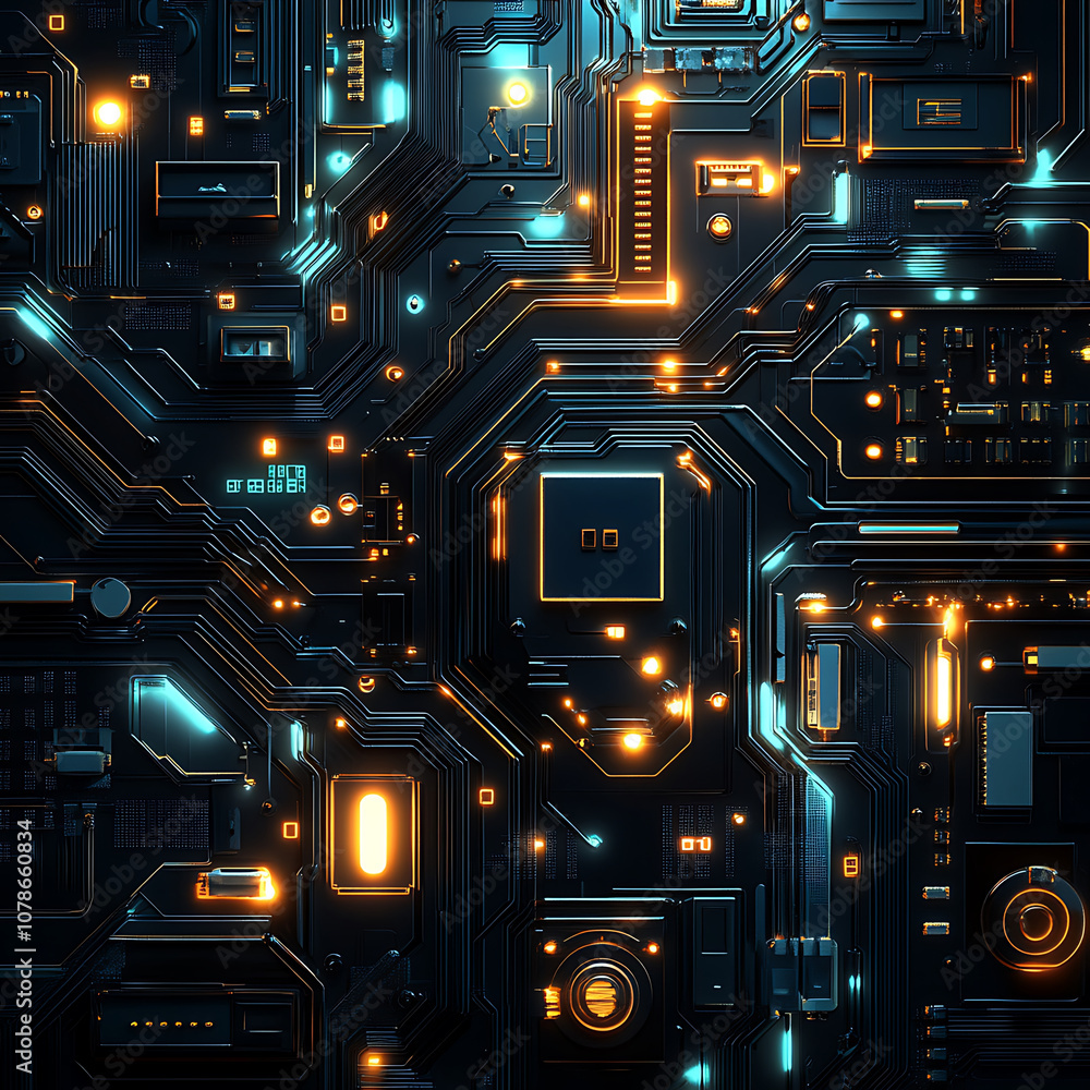 Poster glowing circuit board patterns in dark background create futuristic and high tech atmosphere, showca