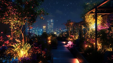 Anime-inspired futuristic rooftop garden with city lights in the background