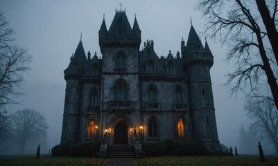 Obraz premium A large, gray stone castle stands on a foggy evening, lit by warm lanterns