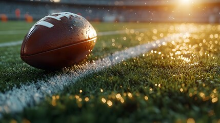 Football resting on pristine green turf with yard line markings, set in stadium during golden hour, featuring dramatic lighting and authentic athletic atmosphere.