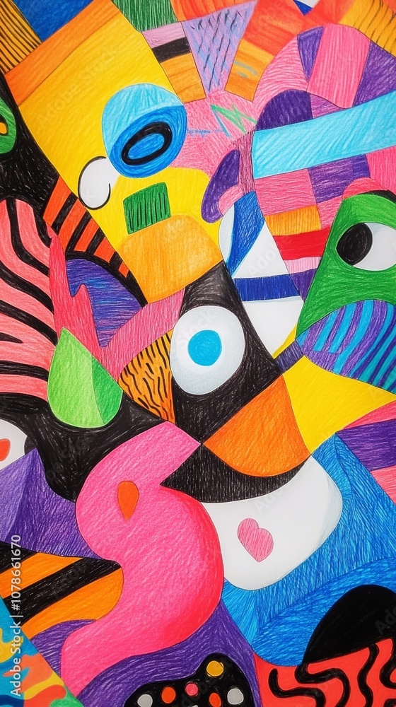 Poster colorful abstract artwork featuring geometric shapes and vibrant patterns created with various drawi