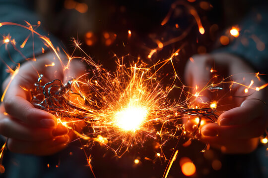 Bright sparks from a short circuit in Christmas electric lights held in hands. Glowing flashes create an atmosphere of magic and danger