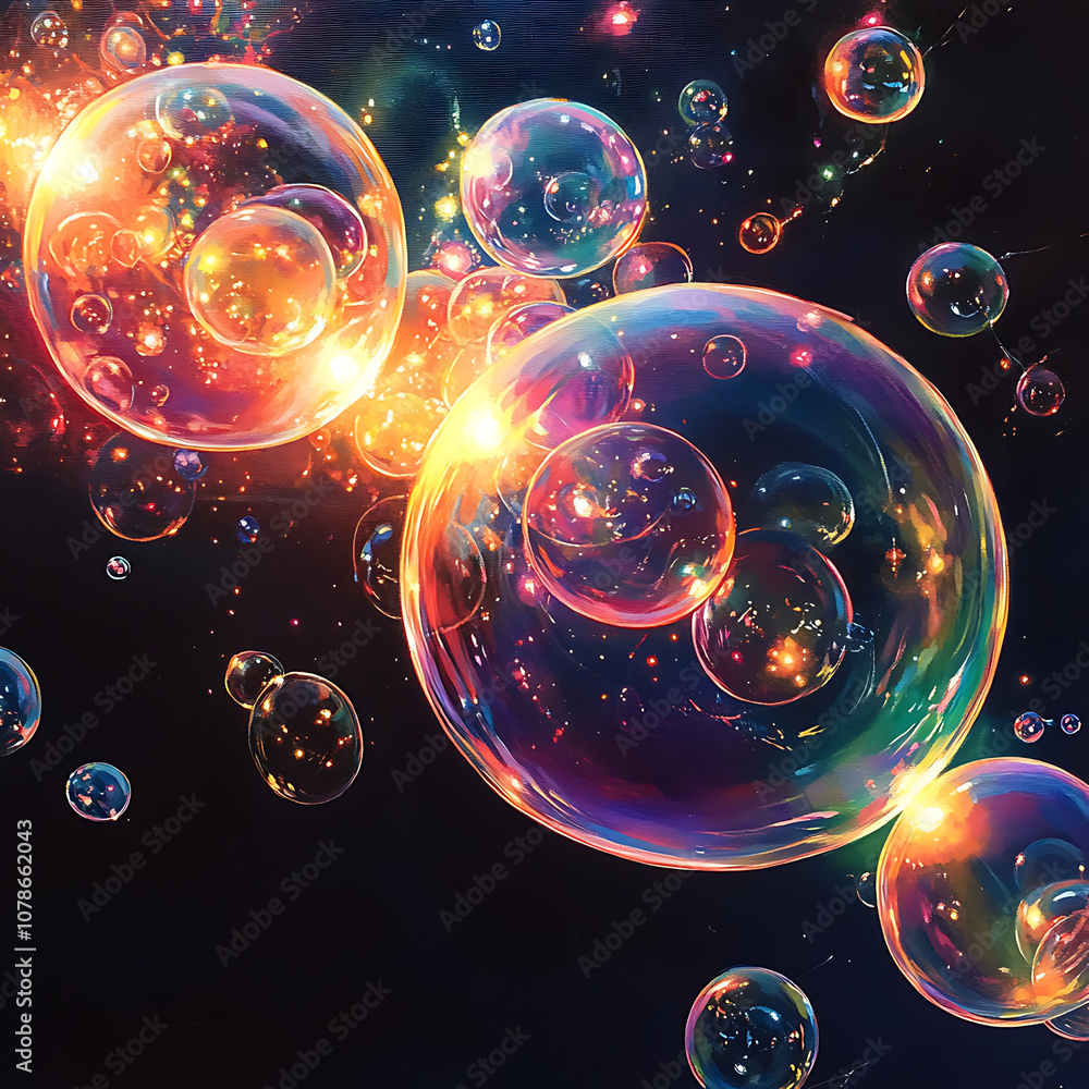 Poster glowing rainbow colored bubbles floating in dark space create mesmerizing visual effect, evoking sen