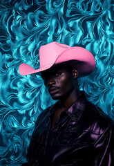 A cool, mysterious dark-skinned cowboy wearing a pink hat, set against a textured teal and dark blue backdrop with flowing blue flowers etched into the image, perfect for fashion, portrait