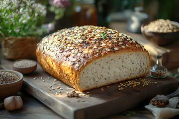 On a wooden table, a rustic loaf of rye bread surrounded by grains and a small bowl of seeds, surrounded by a warm, inviting atmosphere.