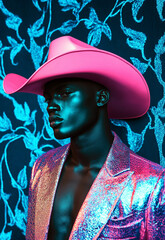 A cool, mysterious dark-skinned cowboy wearing a pink hat, set against a textured teal and dark blue backdrop with flowing blue flowers etched into the image, perfect for fashion, portrait