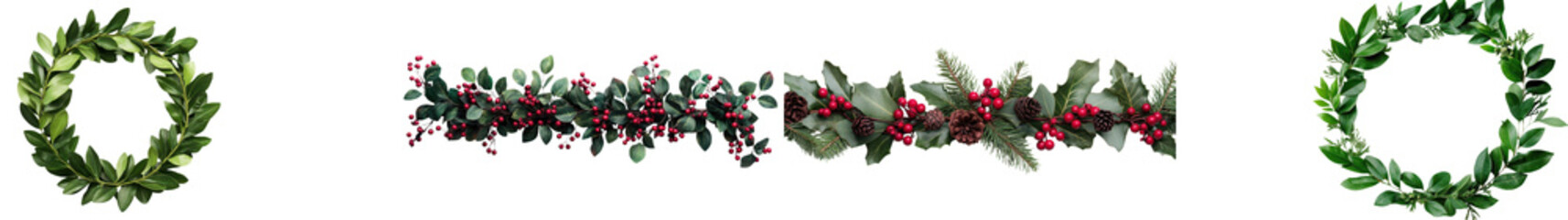 Naklejka premium Elegant hand crafted Christmas wreath made of lush evergreen leaves red holly berries and pine branches Festive holiday with a rustic natural feel perfect for seasonal home decor cards