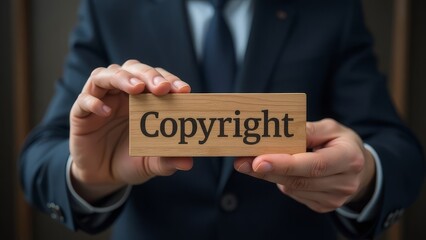 Businessman holding wooden block with copyright symbol for intellectual property rights concept