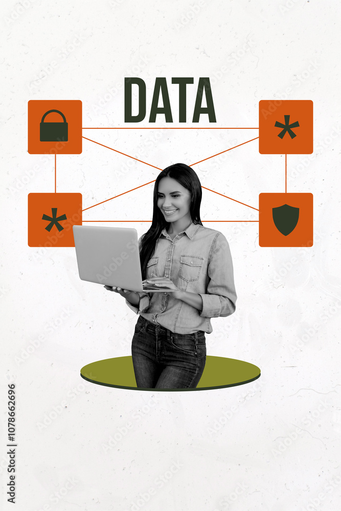 Poster composite trend artwork 3d sketch image photo collage of young lady programmer hold laptop data pass
