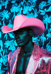 A cool, mysterious dark-skinned cowboy wearing a pink hat, set against a textured teal and dark blue backdrop with flowing blue flowers etched into the image, perfect for fashion, portrait