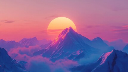 A stunning sunrise over a mountain range, with pink and purple hues illuminating the sky and the snow-capped peaks.