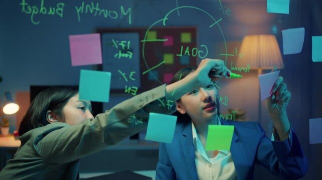 Two businesswomen wearing suits are discussing and brainstorming about their monthly budget and goals, sticking and writing on sticky notes on a glass wall