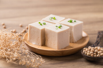 Fresh tofu with soy bean seeds, Vegan food ingredient in Asian cuisine, Plant based diet