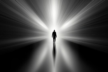 A solitary figure stands at the end of a brightly lit path, radiating beams of light that create a powerful contrast against the surrounding darkness in a captivating atmosphere of hope