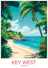 Key West Florida Poster Illustration Travel Print Decor Gift Paper Canvas Wall Retro Art