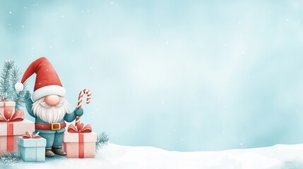 Santa gnome holding candy cane with festive gifts in snowy winter landscape and light snowfall