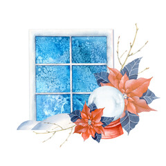 A Christmas composition of a frozen winter window, a Christmas ball, poinsettia, snowdrift and twigs. All the elements are painted in watercolor. Isolated on a white background.