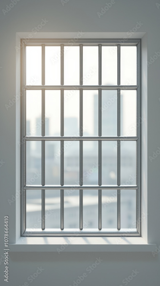 Aufkleber a barred window showcases a muted cityscape, emphasizing isolation and confinement, with soft light 