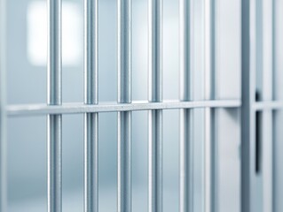 A close-up view of metallic prison bars, emphasizing confinement and security within a stark, minimalist environment.