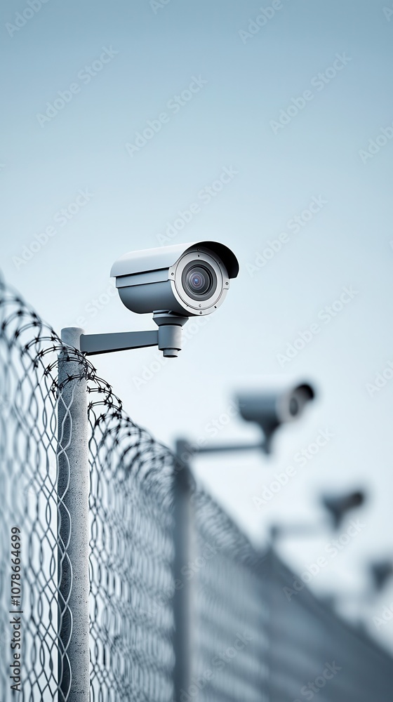 Poster a row of surveillance cameras mounted on a chain-link fence, creating a secure and monitored environ