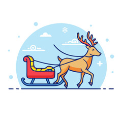 reindeer pulling sleigh vector art,  flat illustration reindeer pulling sleigh icon