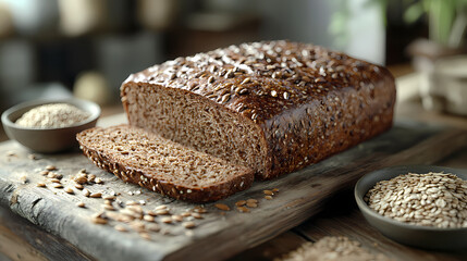 On a wooden table, a rustic loaf of rye bread surrounded by grains and a small bowl of seeds, surrounded by a warm, inviting atmosphere.