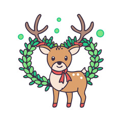 vector art,  flat illustration reindeer with bwreath icon
