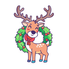 vector art,  flat illustration reindeer with bwreath icon