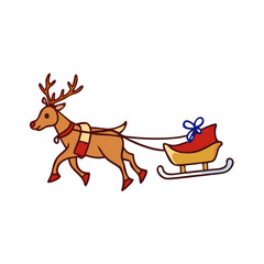 reindeer pulling sleigh vector art,  flat illustration reindeer pulling sleigh icon