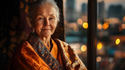 Fototapeta premium Tranquil Elderly Woman in Traditional Attire with Blurred Cityscape Background