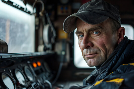 Generative AI image of a public transport machinist at work, focused on operating the vehicle