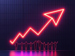 A vibrant neon graphic displaying an upward trend, surrounded by silhouettes of people celebrating success and growth.