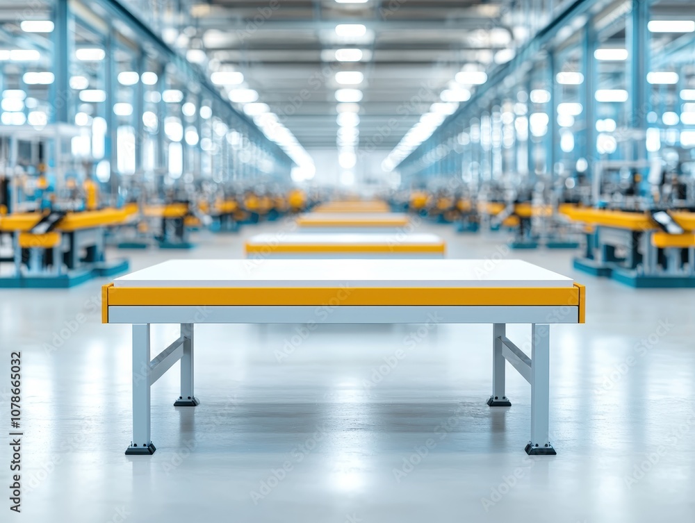 Poster description:** a spacious, well-lit industrial workspace featuring multiple tables arranged in rows,