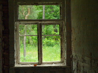An old window with broken glass and peeling paint. Abandoned house