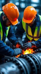 Two workers in safety gear handle hot materials in an industrial setting, showcasing teamwork and caution in a factory environment.