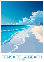 Pensacola Beach Florida Poster Illustration Travel Print Decor Gift Paper Canvas Wall Retro Art