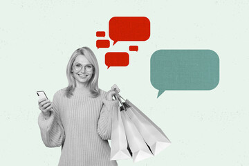 Composite trend artwork sketch image photo collage of young lady hold bag buyer smartphone hand...