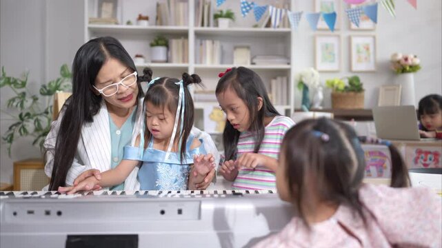A group of special students doing learning activities in a special classroom