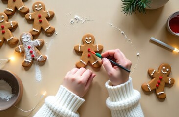 Female hands in a knitted white sweater decorate gingerbread man cookies. Preparing for Christmas and New Year