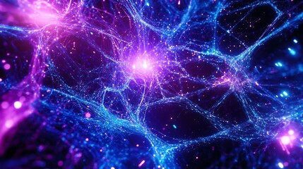Naklejka premium Digital matrix with glowing particles flowing along intricate lines in blue and purple
