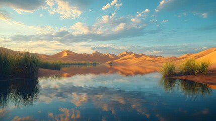 Fototapeta premium Serene desert landscape showing an oasis with perfect&nbsp;mirror reflection, featuring golden sand dunes, desert grass, and pristine water pool under&nbsp;dramatic blue sky with clouds. 