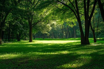 A peaceful park environment with trees casting shadows on the grass during a sunlit afternoon.