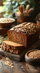 Fototapeta premium On a wooden table, a rustic loaf of rye bread surrounded by grains and a small bowl of seeds, surrounded by a warm, inviting atmosphere.
